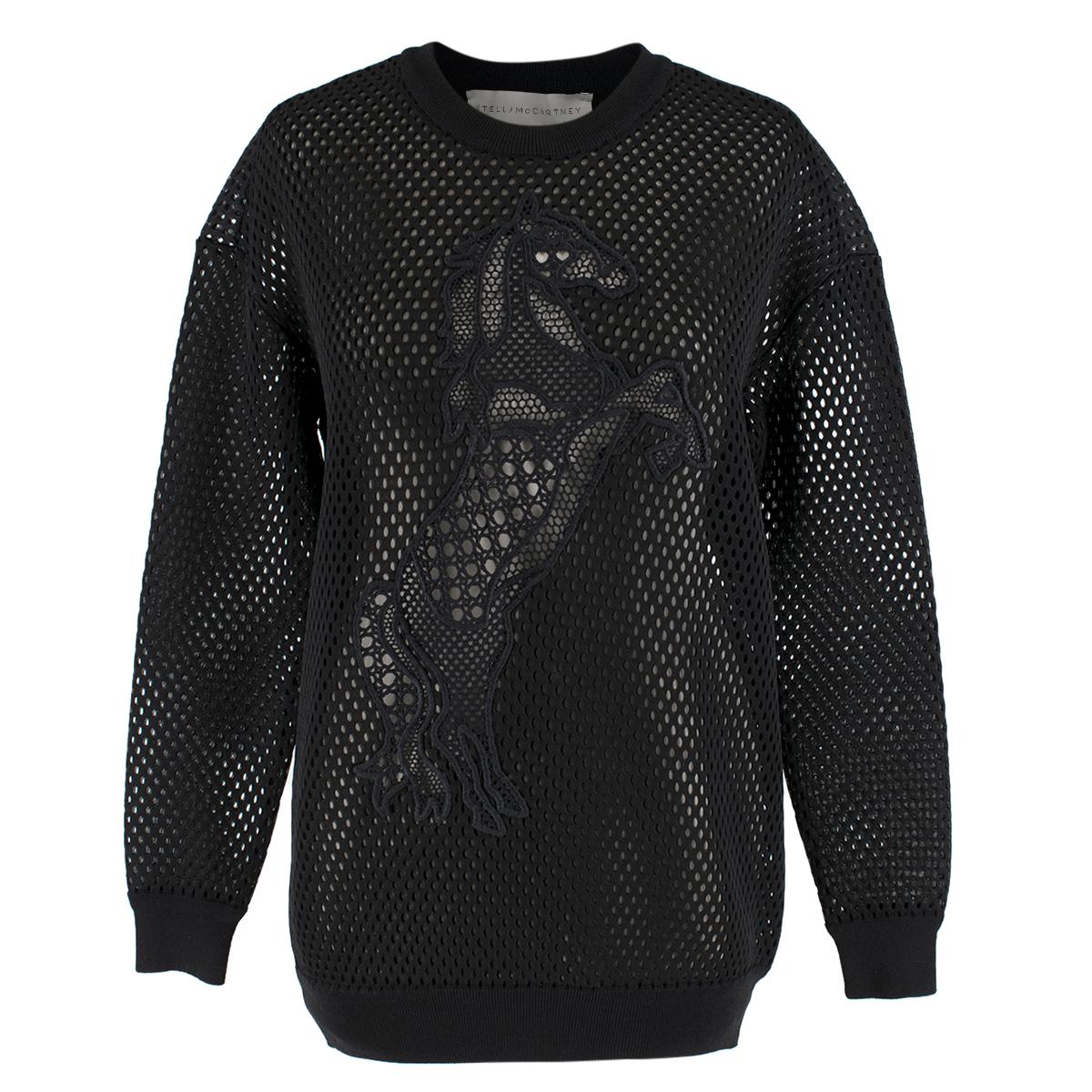 Stella McCartney Black Mesh Neoprene Horse Print Jumper  

- black mesh jumper
- horse print embellished to the front
- round neckline 
- see-through
- relaxed fit

Please note, these items are pre-owned and may show some signs of storage, even when