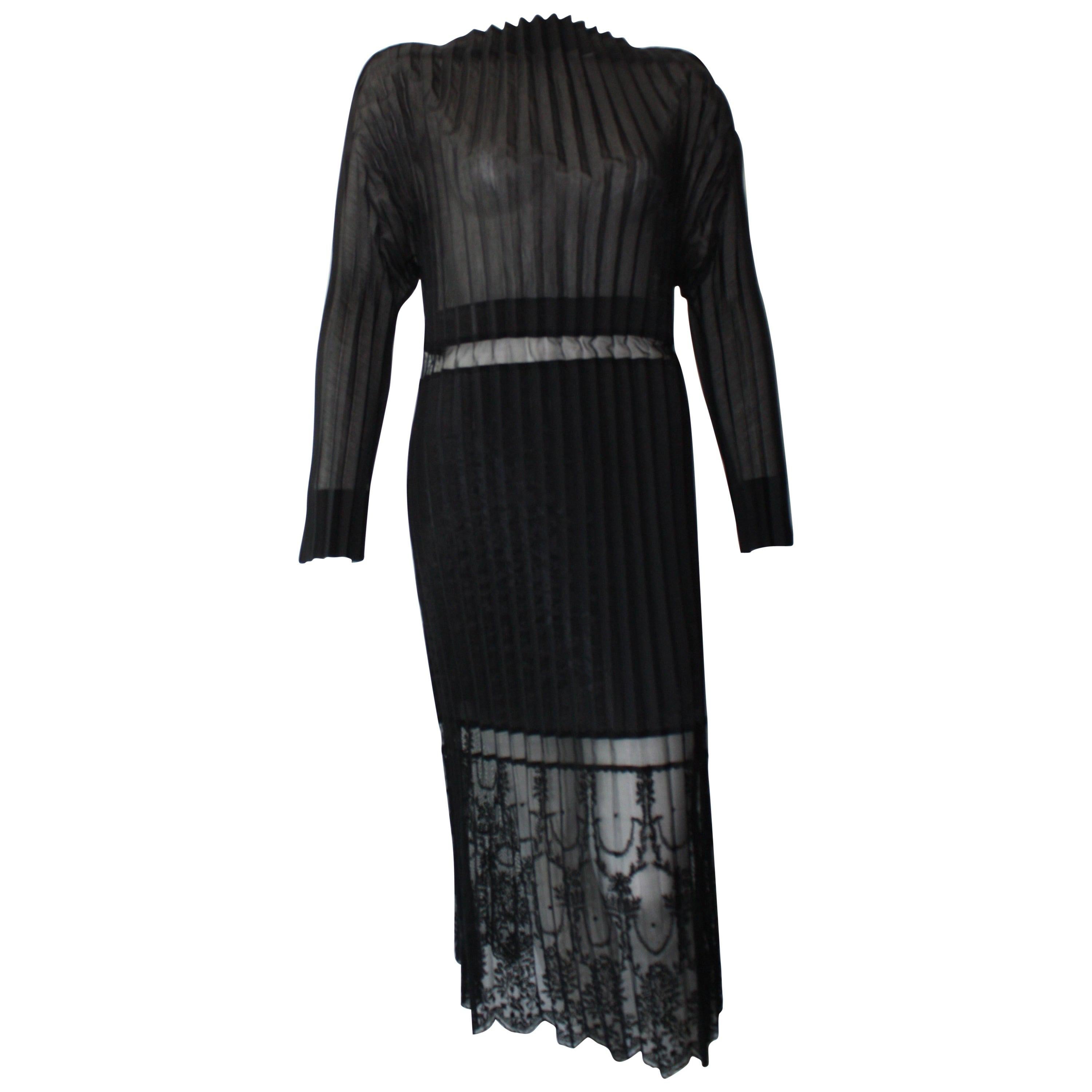 Stella McCartney Black Midi Sheer and Pleated Lace Dress Size 42