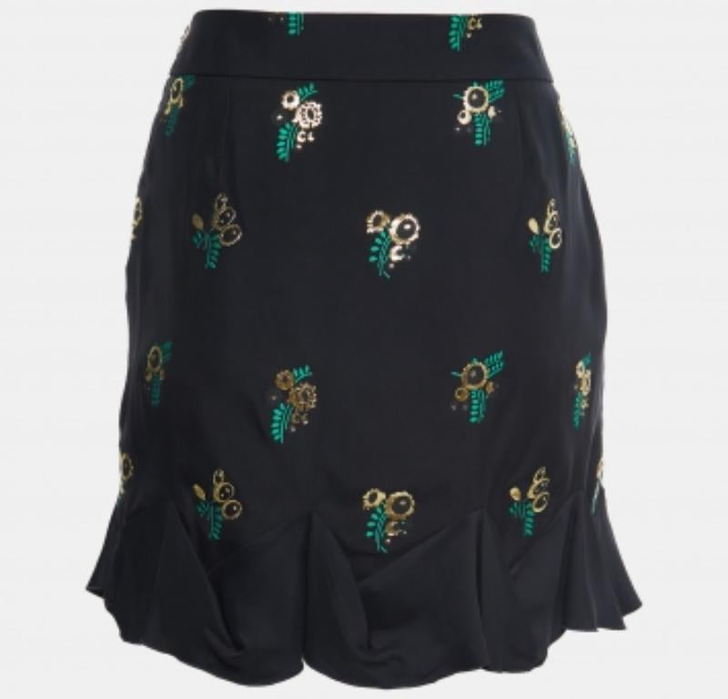 Stella McCartney Falda negra de crepé estampado con volantes S en venta 1