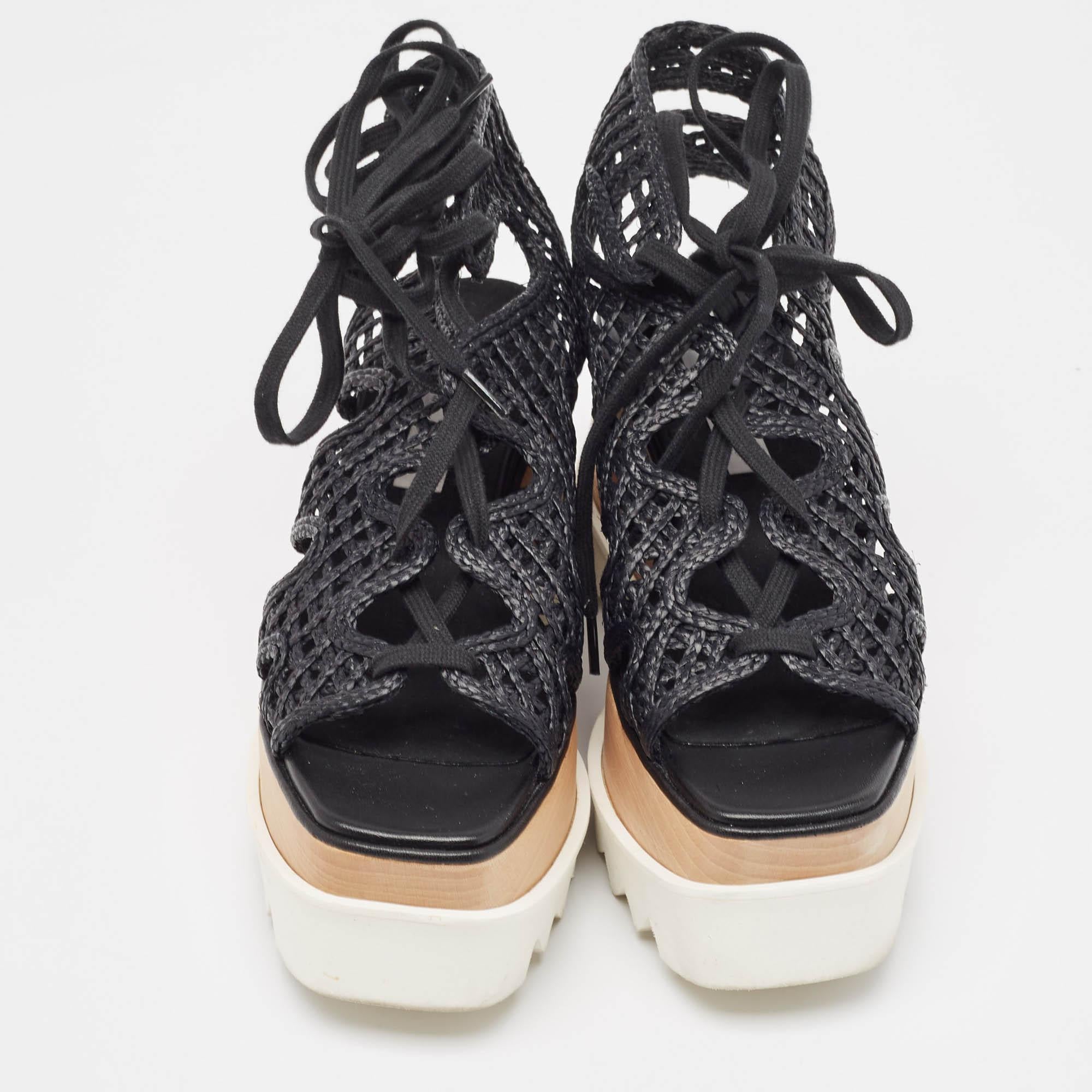 Beige Stella McCartney Black Raffia Elyse Platform Wedge Sandals Size 36.5