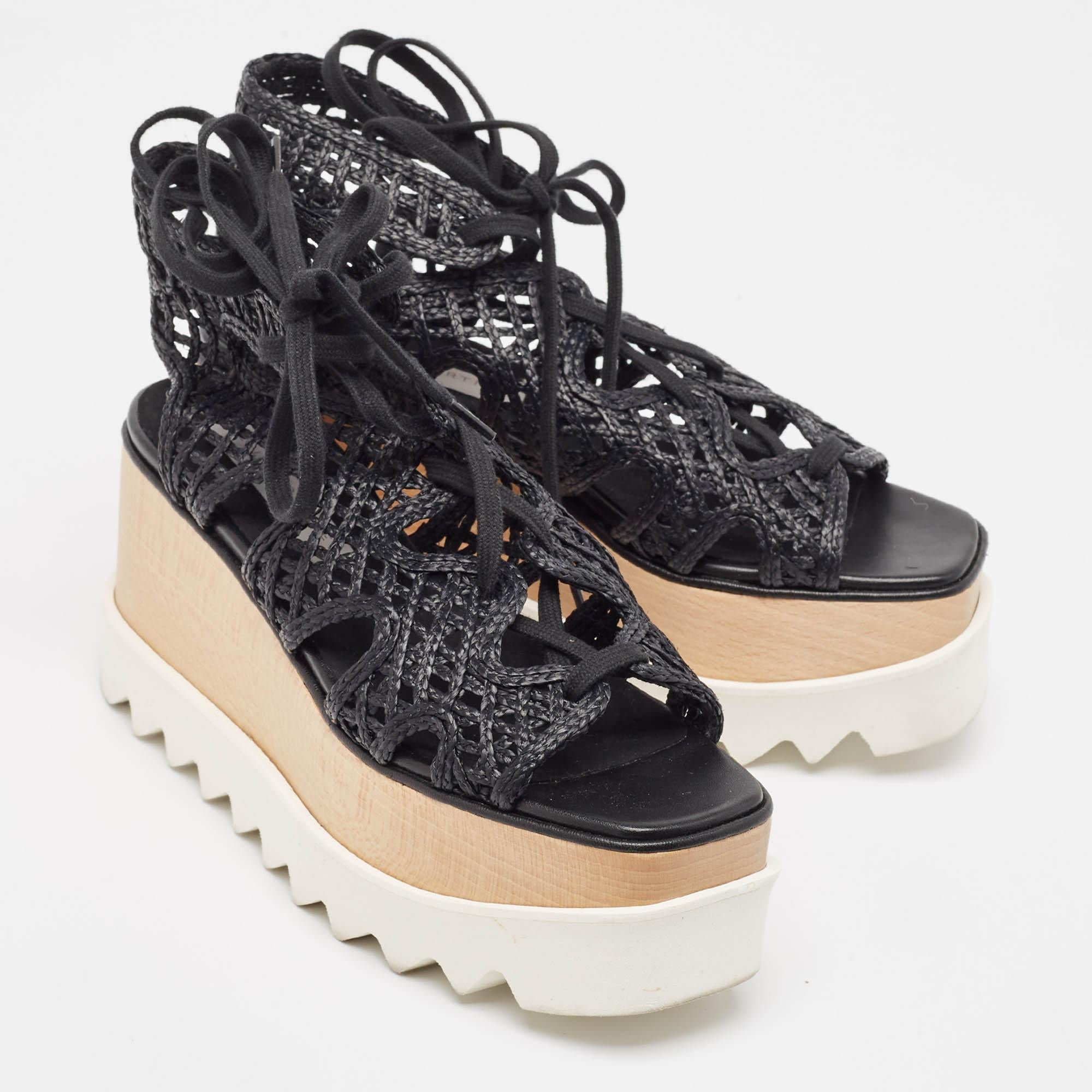 Stella McCartney Black Raffia Elyse Platform Wedge Sandals Size 36.5 In Excellent Condition In Dubai, Al Qouz 2