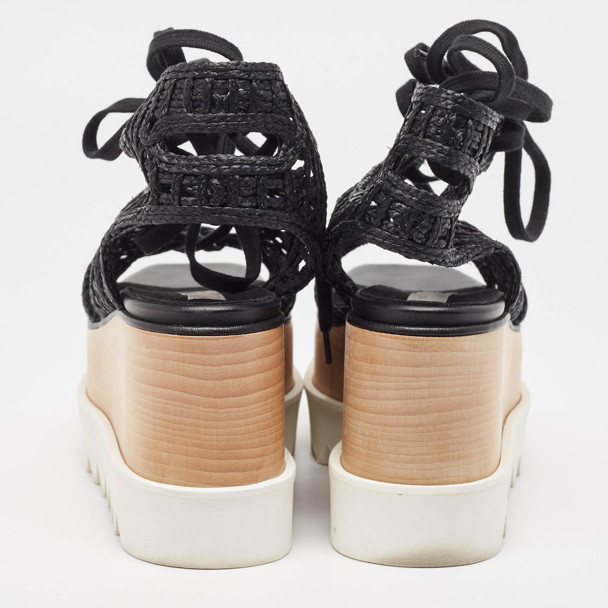 Women's Stella McCartney Black Raffia Elyse Platform Wedge Sandals Size 36.5