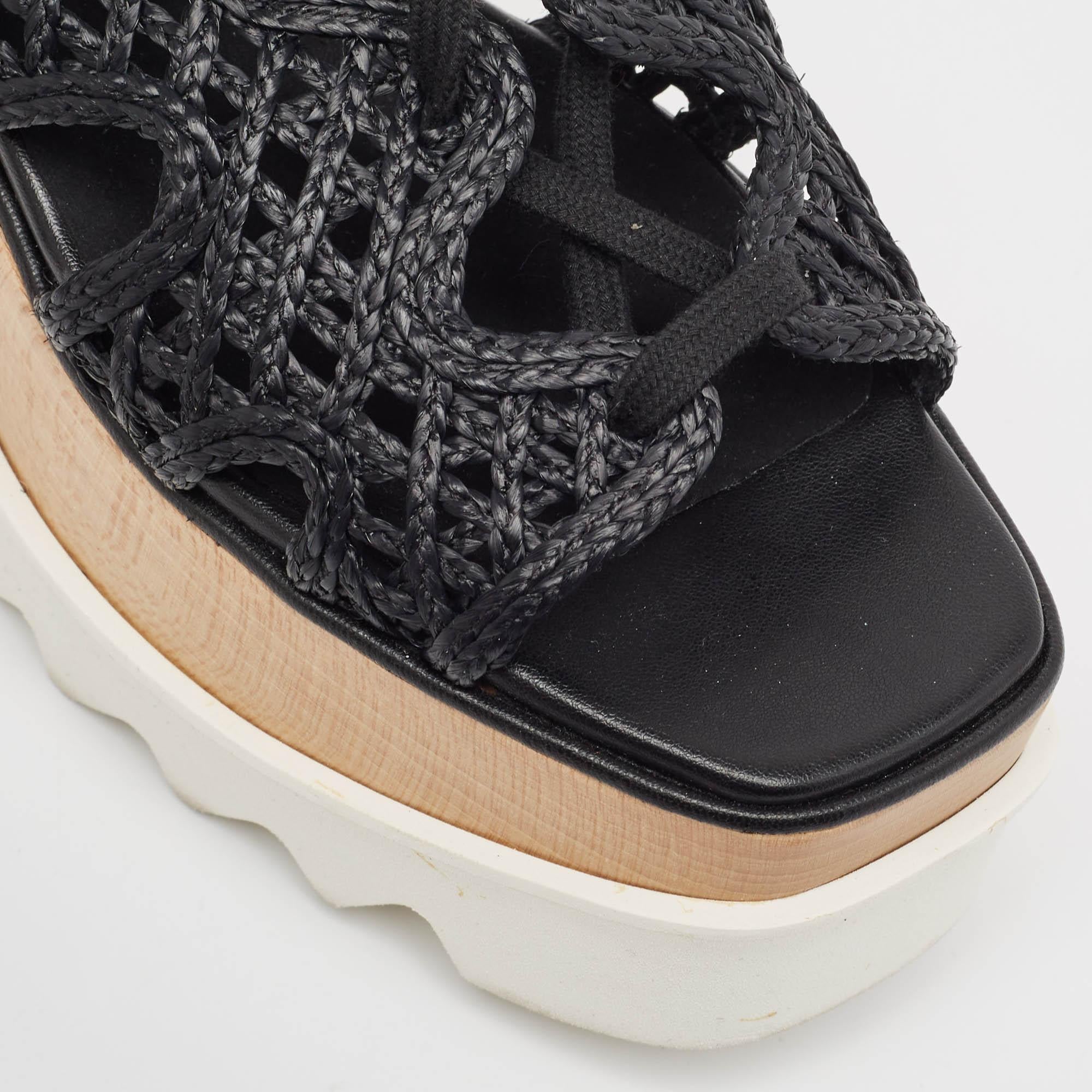 Stella McCartney Black Raffia Elyse Platform Wedge Sandals Size 36.5 2