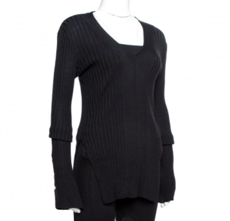 Donna Stella McCartney Black Ribbed Knit Fitted Sweater M in vendita