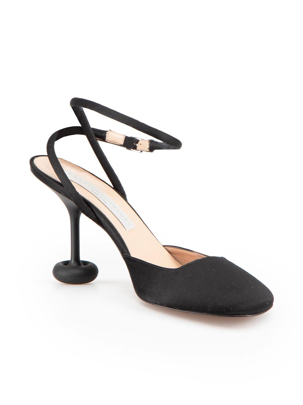 CONDITION is Very good. Minimal wear to shoes is evident. Minimal wear to the right shoe heel-tip with very light mark on this used Stella McCartney designer resale item.
 
 Details
 Black
 Satin
 Heels
 Square toe
 Wrap around ankle strap
 Round