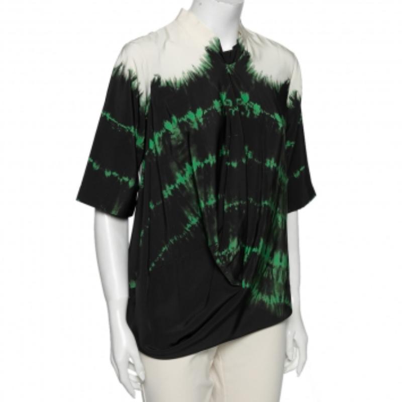 Stella McCartney Black Tie-Dye Printed Silk Asymmetrical Draped Blouse M For Sale 1