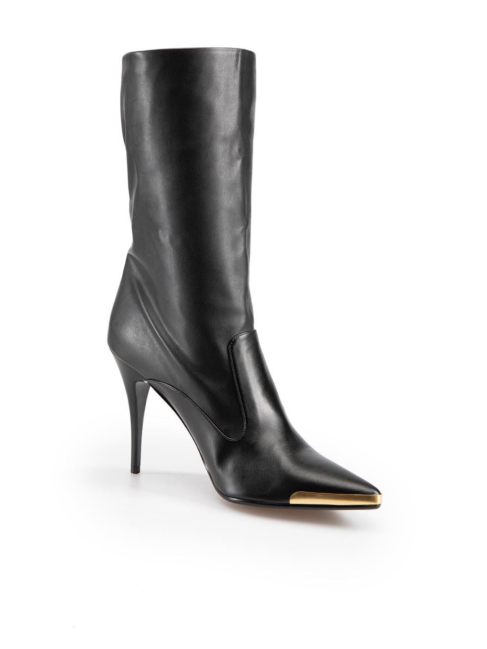 CONDITION is Never worn. No visible wear to boots is evident on this new Stella McCartney designer resale item. These boots come with original box.

Details
Cuban
Black
Vegan leather
Mid calf boots
Pointed toe
High heel
Gold tone metal plate on toe
