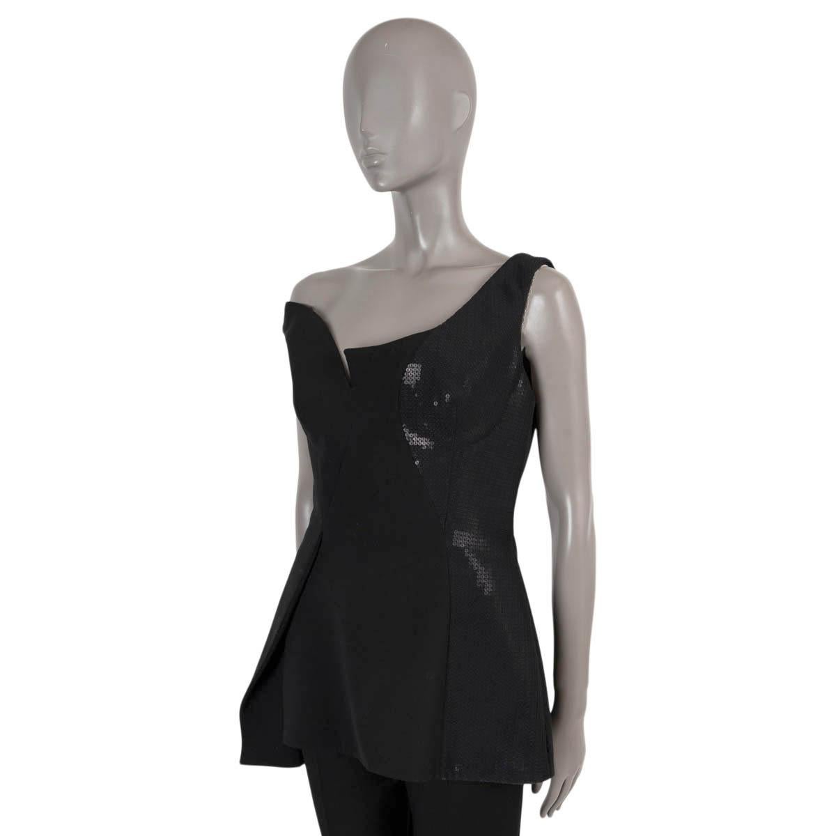 100% authentic Stella McCartney Dixie asymmetric top in stretchy black wool-silk blend (please note the content and size tag are missing). Features one off-shoulder strap, asymmetric hem and partially sequin embellished. Opens with a concealed