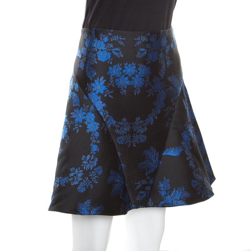 Stella McCartney Blue and Black Floral Jacquard Flounce Skirt S In Excellent Condition In Dubai, Al Qouz 2