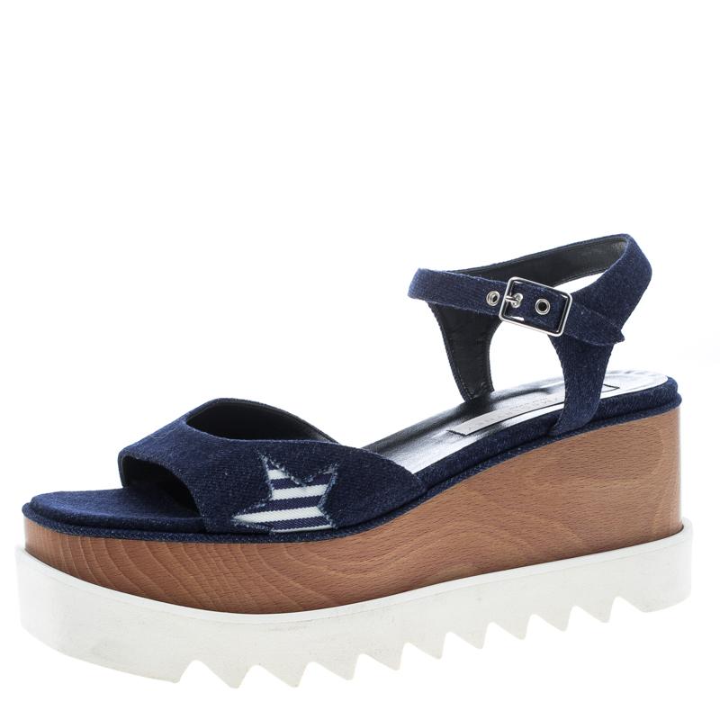 Stella McCartney Blue Denim Elyse Star Platform Sandals Size 39.5