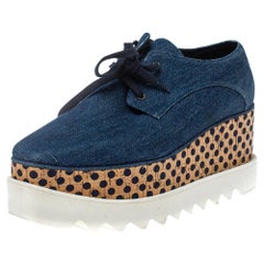 Stella McCartney Blue Denim Fabric Cork Platform Sneakers Size 38