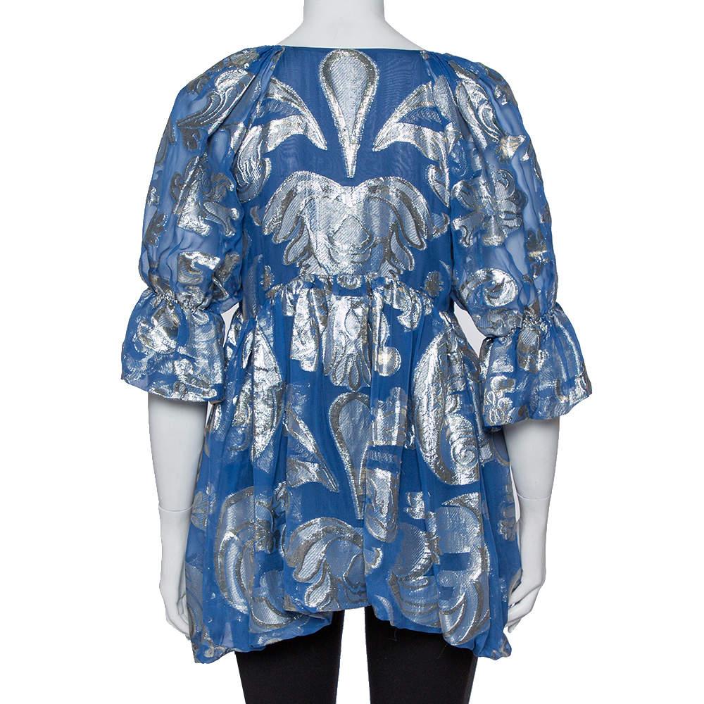 Stella McCartney Blue Floral Lam�é Asymmetrical Hem Top M In Good Condition In Dubai, Al Qouz 2