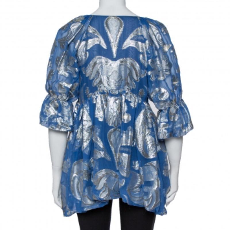Stella McCartney Blue Floral Lamé Asymmetrical Hem Top M For Sale 1