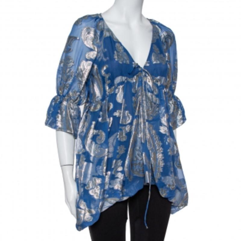 Stella McCartney Blue Floral Lamé Asymmetrical Hem Top M For Sale 2