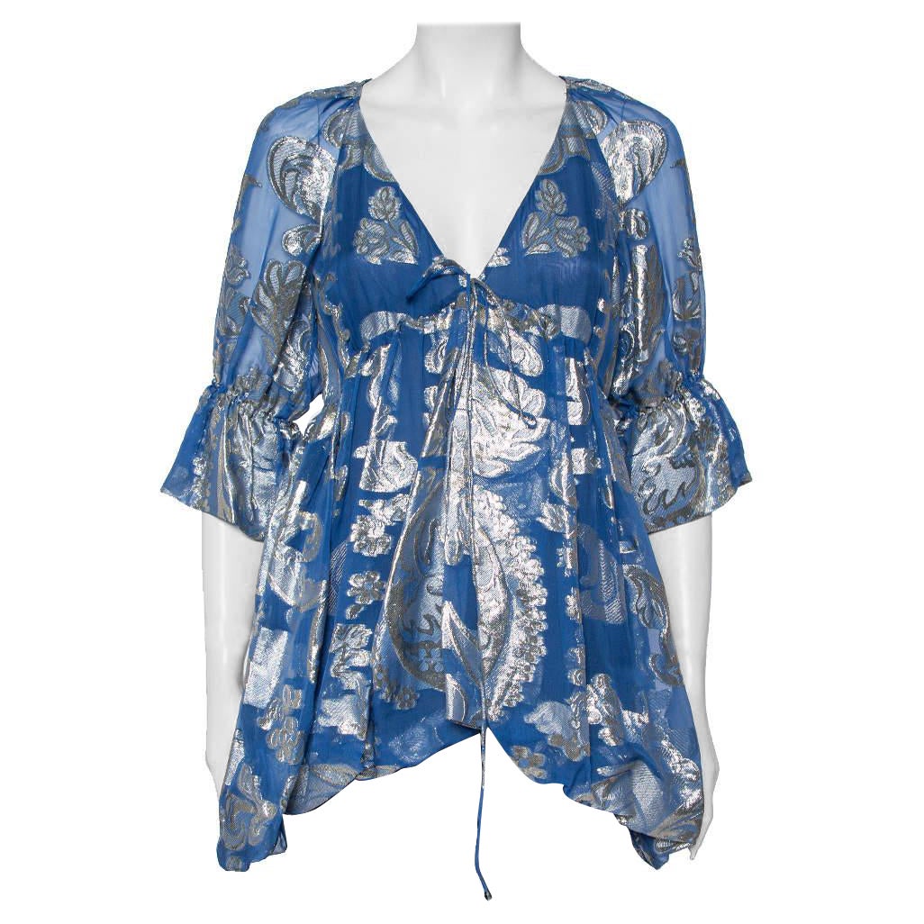 Stella McCartney Blue Floral Lamé Asymmetrical Hem Top M