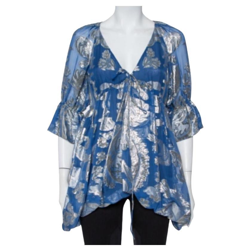 Stella McCartney Blue Floral Lamé Asymmetrical Hem Top M For Sale