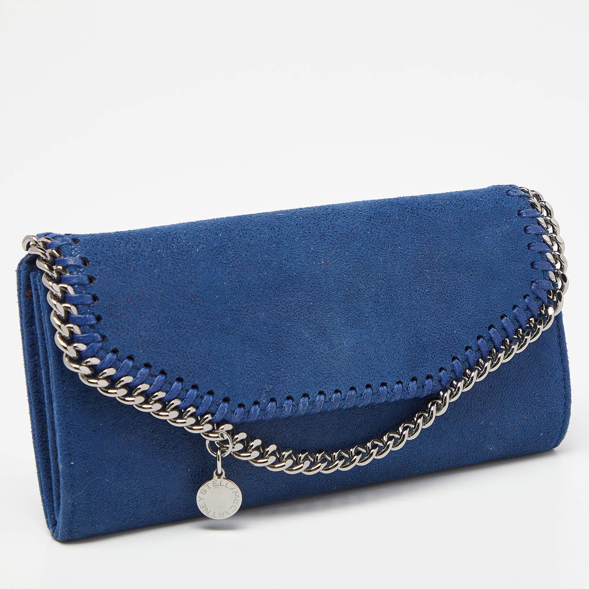 Stella McCartney Blue Shimmer Faux Suede Falabella Flap Wallet For Sale 7