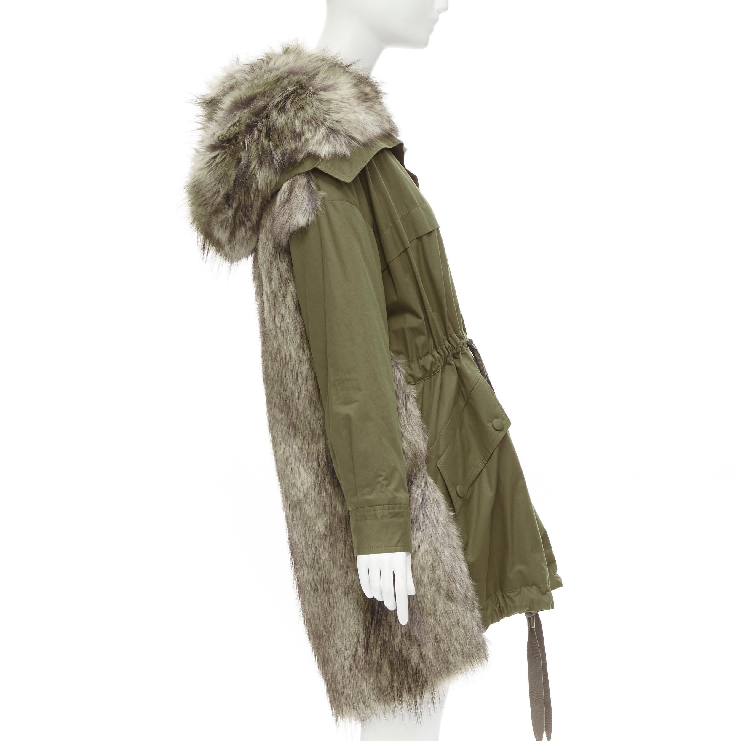 STELLA MCCARTNEY brown faux fur military green drawstring parka FR34 XS In Excellent Condition For Sale In Hong Kong, NT