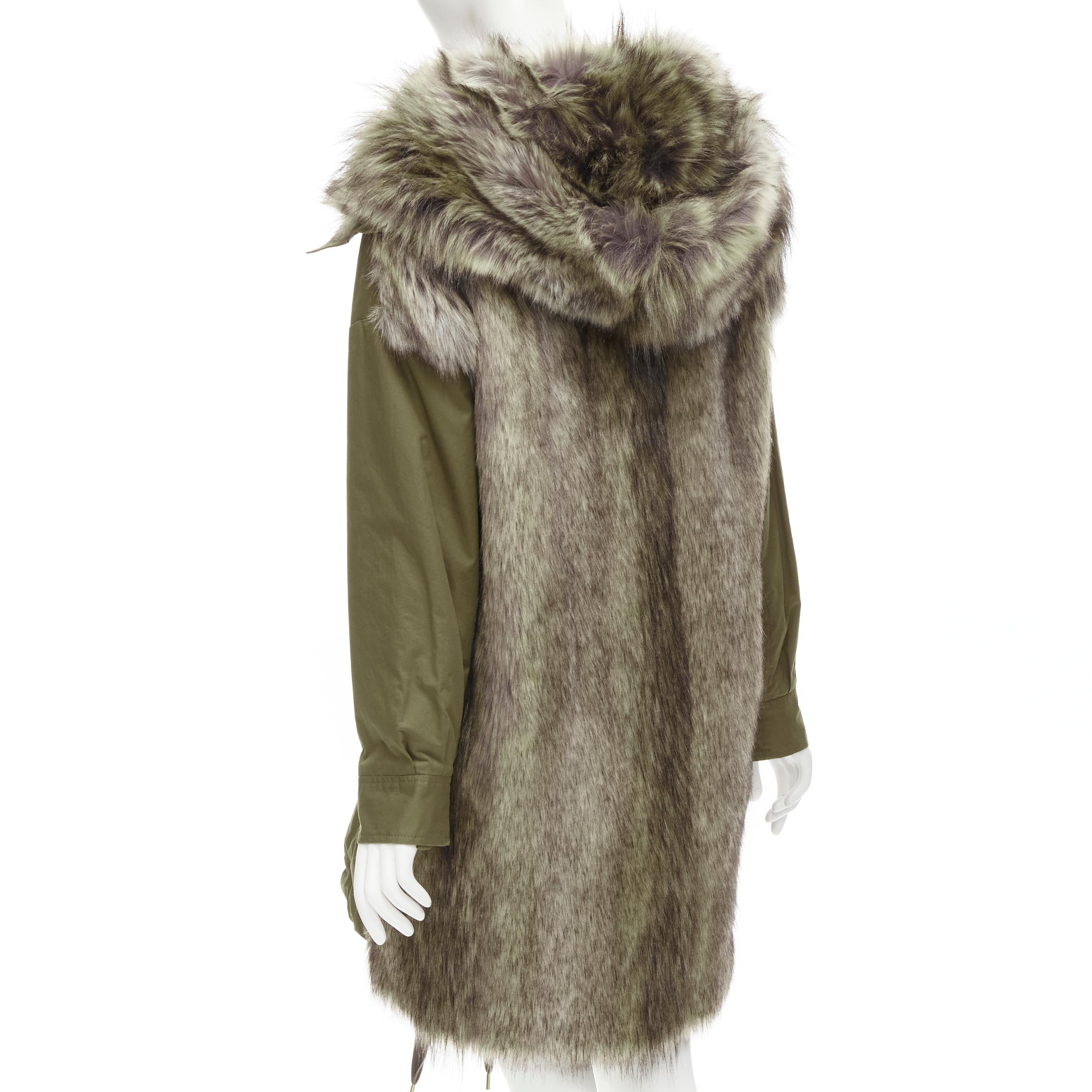 Women's STELLA MCCARTNEY brown faux fur military green drawstring parka FR34 XS For Sale
