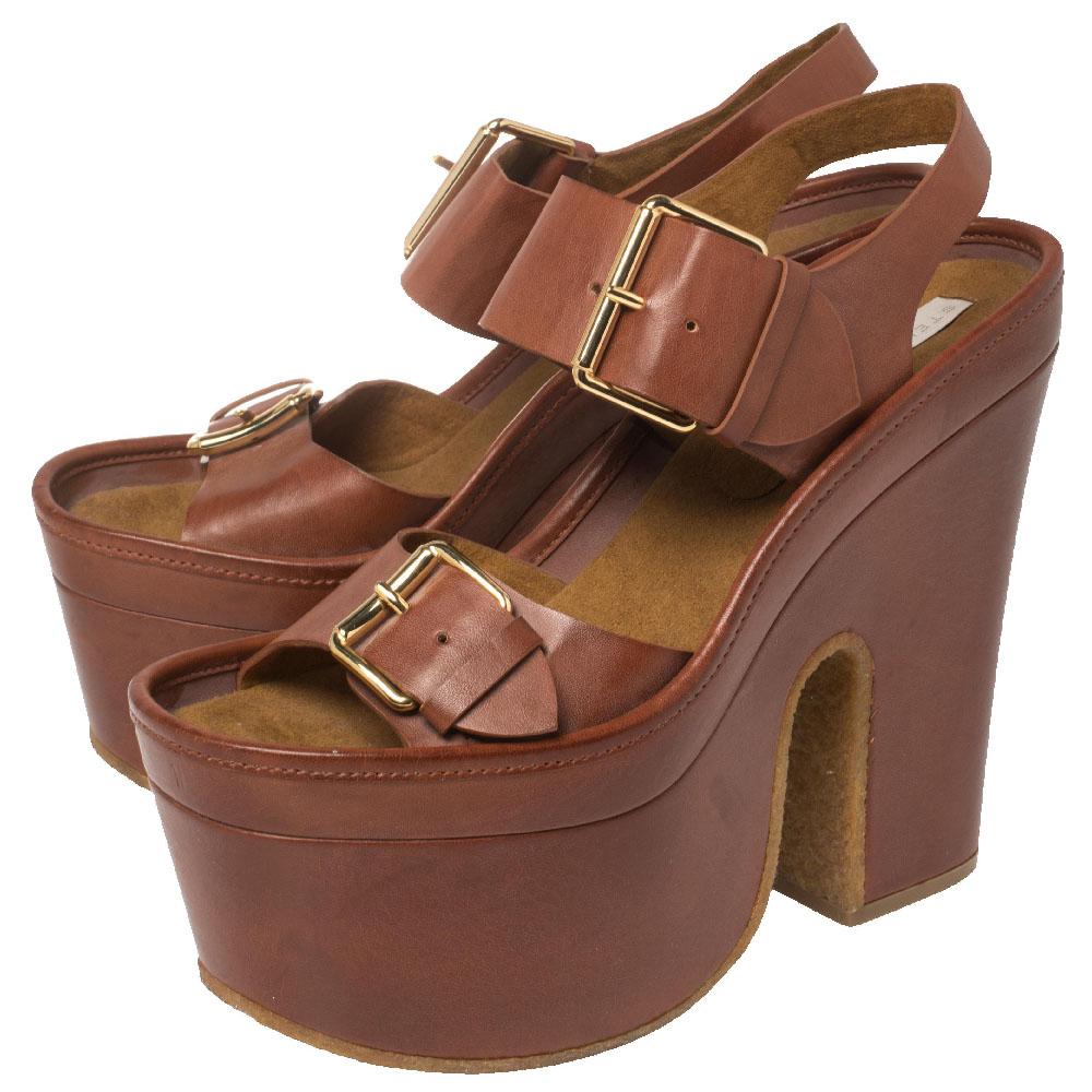 Stella McCartney Brown Faux Leather Buckle Block Heel Platform Sandals Size 40 1