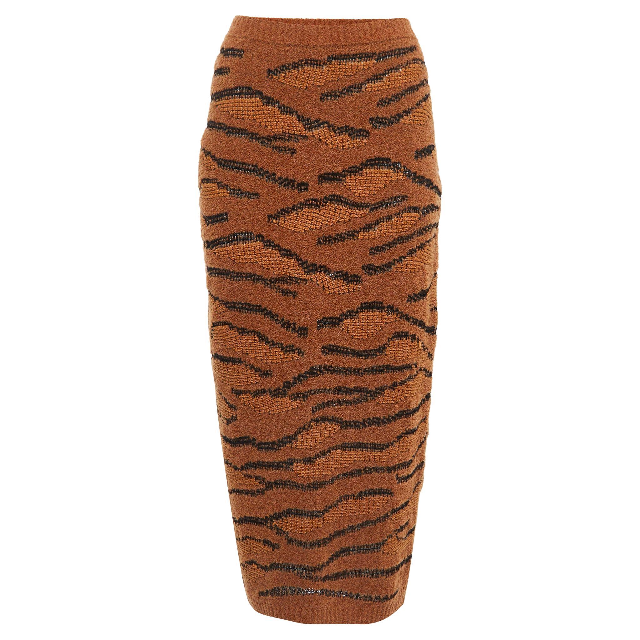 Stella McCartney Brown Wool Tiger Intarsia Pencil Skirt M For Sale