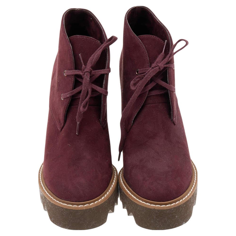 Black Stella McCartney Burgundy Faux Suede Lace Up Wedge Boots Size 37