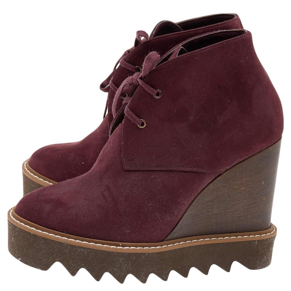 Stella McCartney Burgundy Faux Suede Lace Up Wedge Boots Size 37 In Good Condition In Dubai, Al Qouz 2