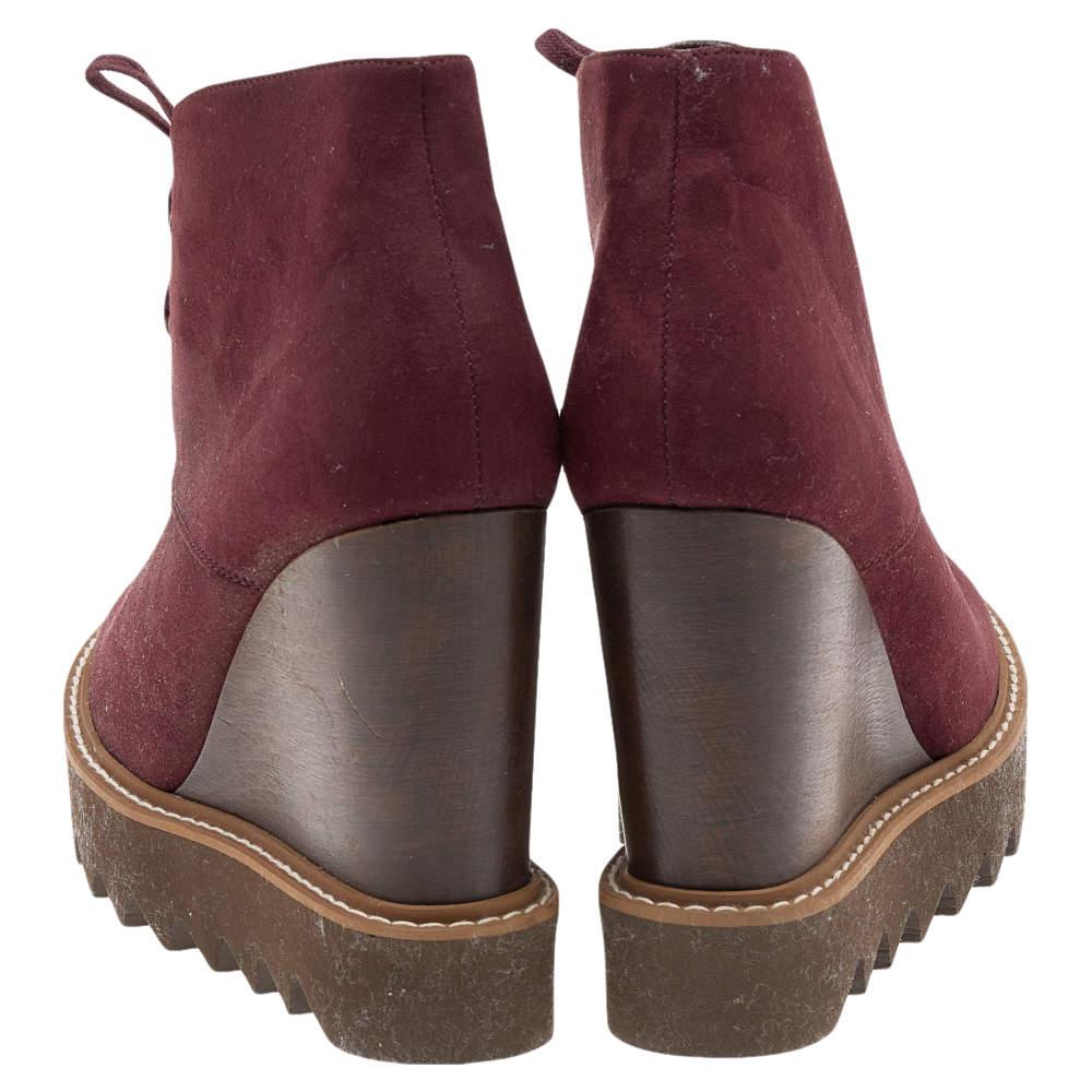 Women's Stella McCartney Burgundy Faux Suede Lace Up Wedge Boots Size 37