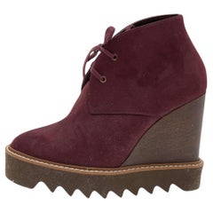 Stella McCartney Burgundy Faux Suede Lace Up Wedge Boots Size 37