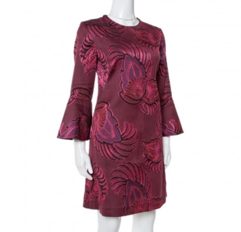 Women's Stella McCartney Burgundy Floral Jacquard Wool Long Sleeve Dress M For Sale
