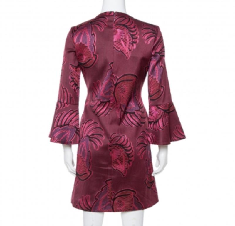 Stella McCartney Burgundy Floral Jacquard Wool Long Sleeve Dress M For Sale 1