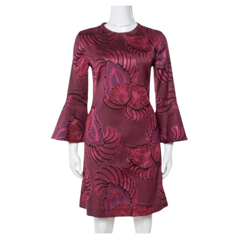 Stella McCartney Burgundy Floral Jacquard Wool Long Sleeve Dress M For Sale