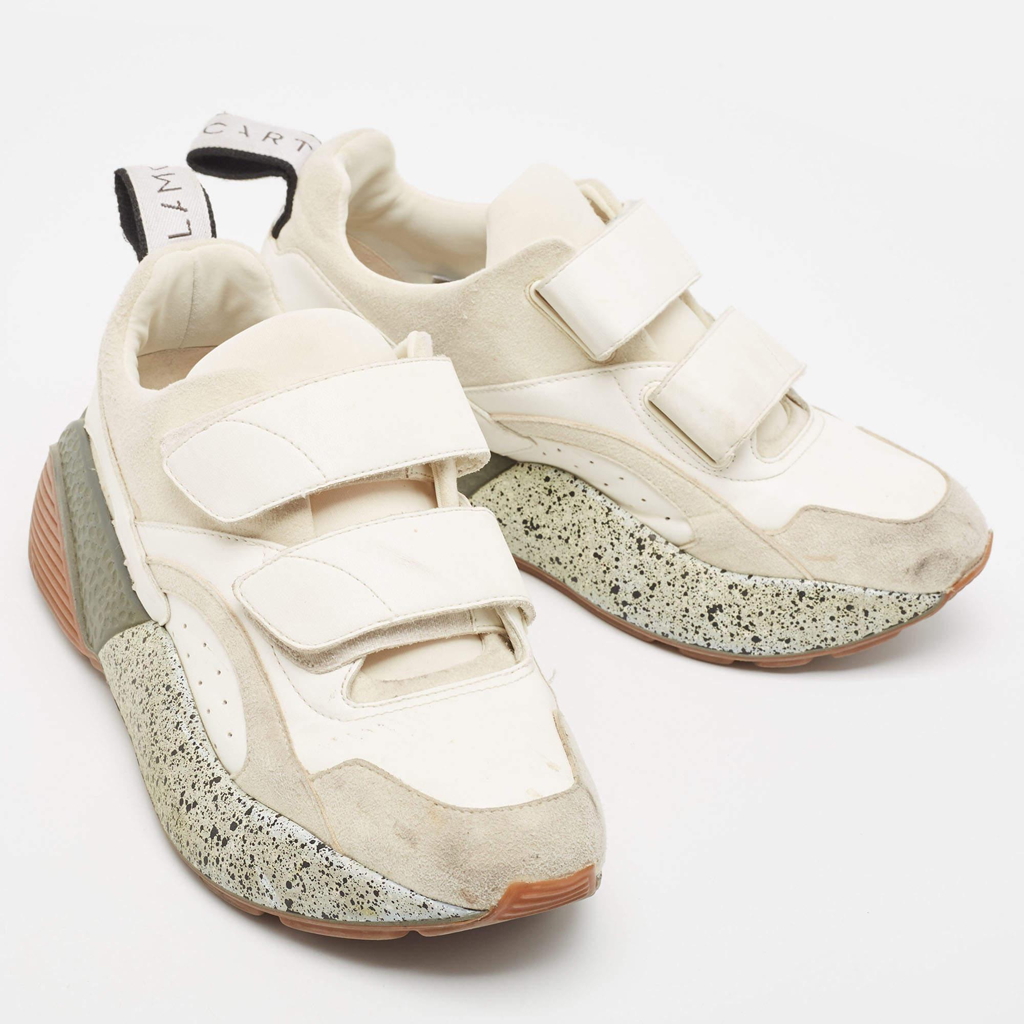 Stella McCartney Cream/White Faux Suede & Faux Velcro Strap Sneakers Size 38 In Fair Condition In Dubai, Al Qouz 2
