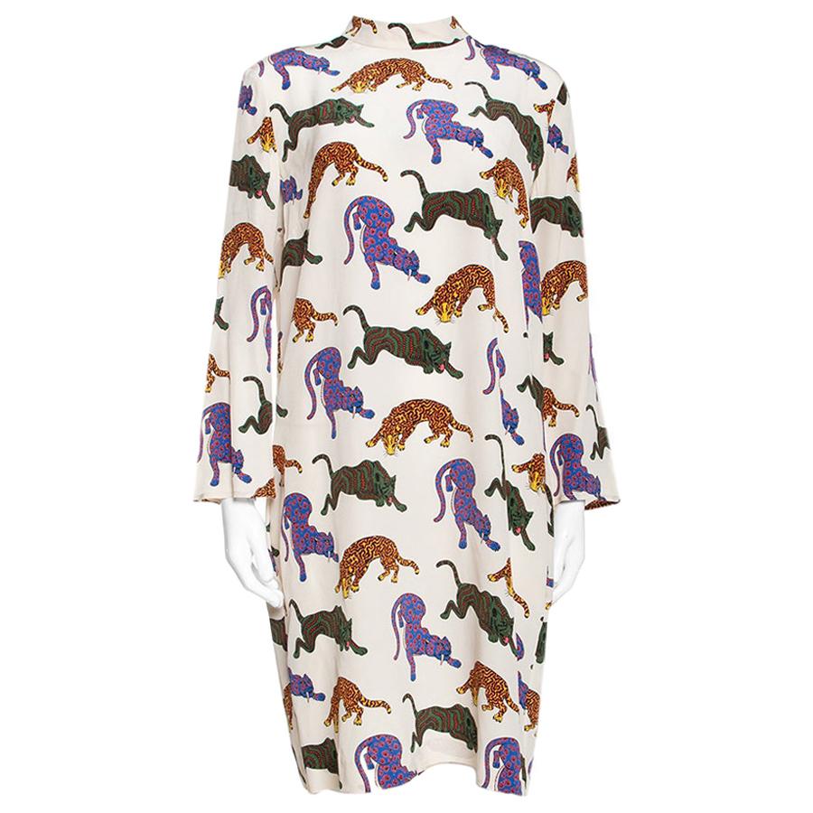 Stella McCartney Cream Wild Cat Print Silk Short Dress M