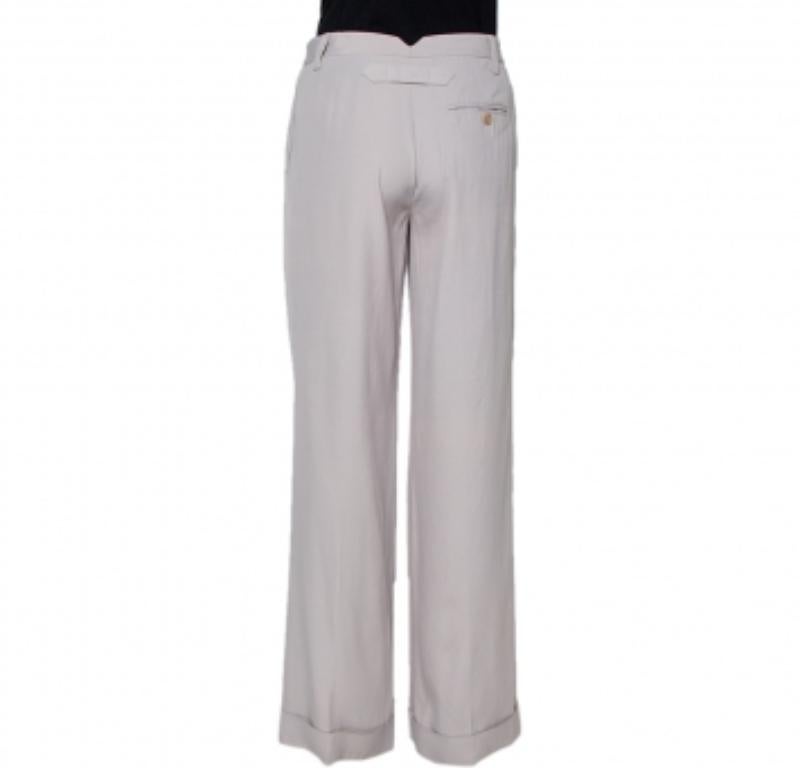 Gray Stella McCartney Ecru Silk Blend Wide Leg Trousers M For Sale
