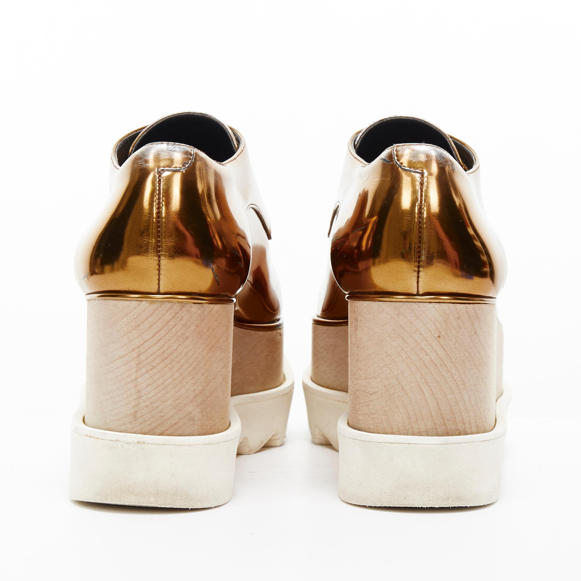 STELLA MCCARTNEY Elyse mirrored gold faux leather wooden platform brogue EU34.5 In Fair Condition For Sale In Hong Kong, NT