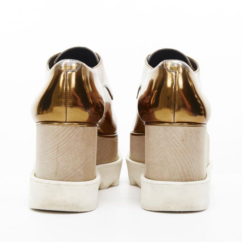 Women's STELLA MCCARTNEY Elyse mirrored gold faux leather wooden platform brogue EU34.5 For Sale