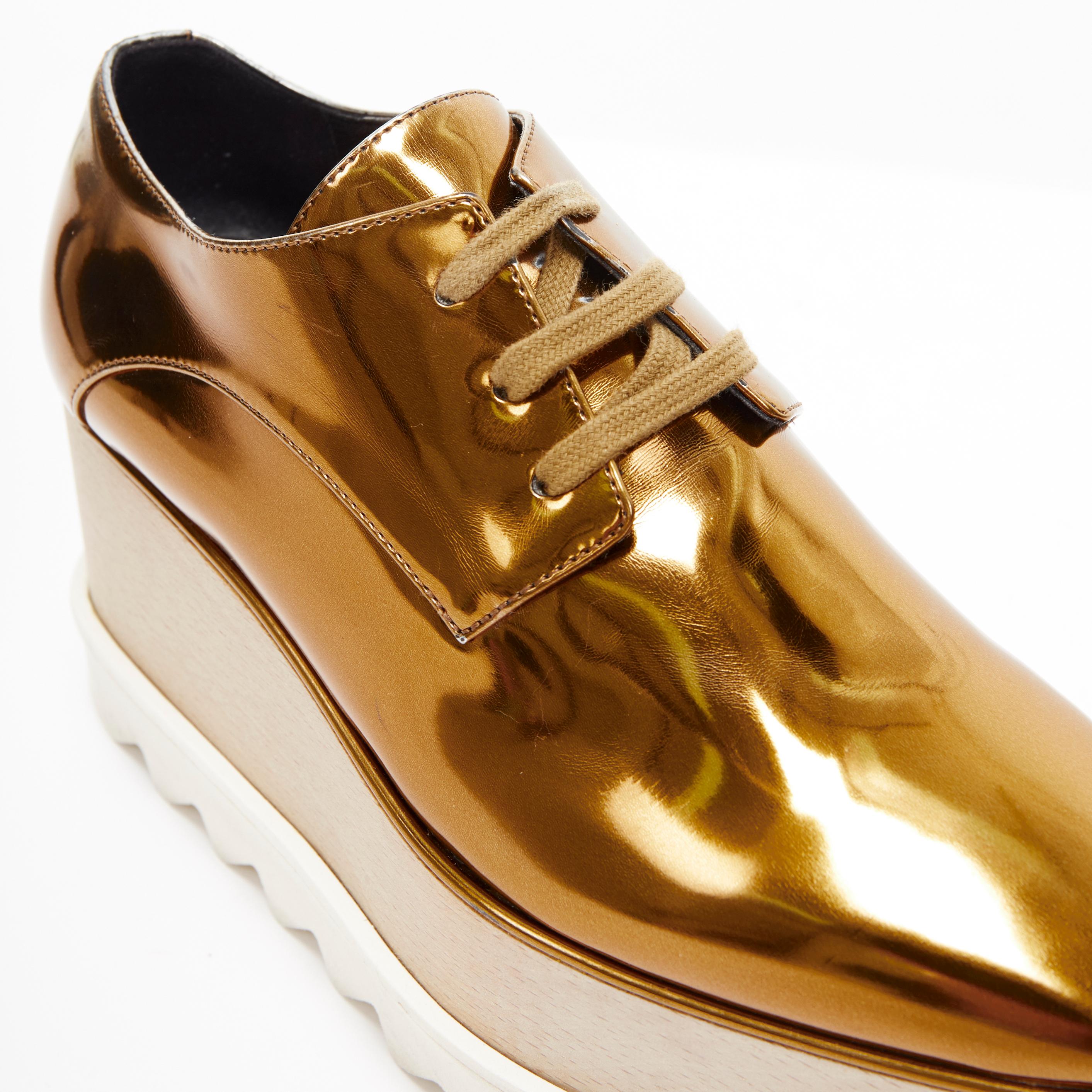 STELLA MCCARTNEY Elyse mirrored gold faux leather wooden platform brogue EU34.5 For Sale 1