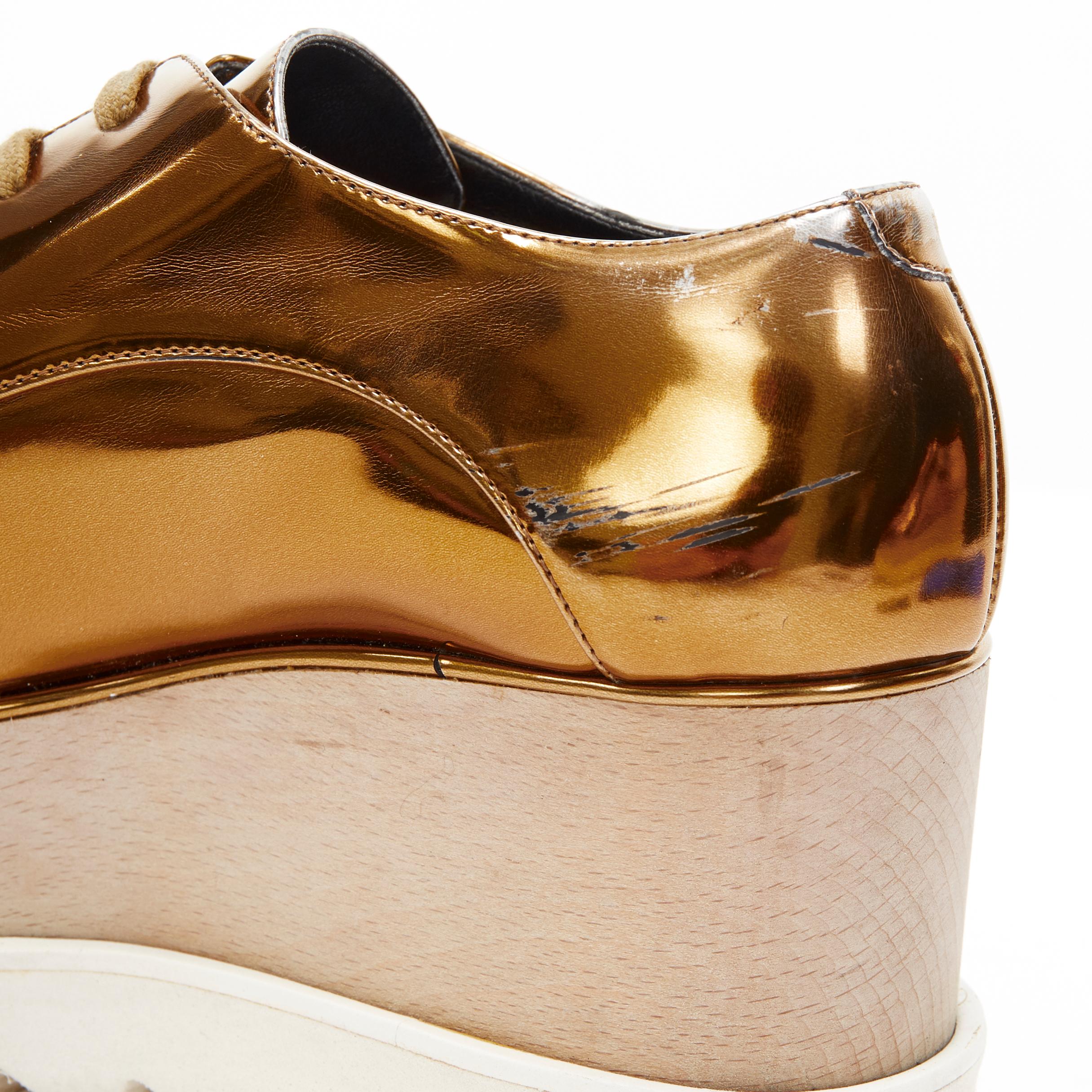 STELLA MCCARTNEY Elyse mirrored gold faux leather wooden platform brogue EU34.5 For Sale 3