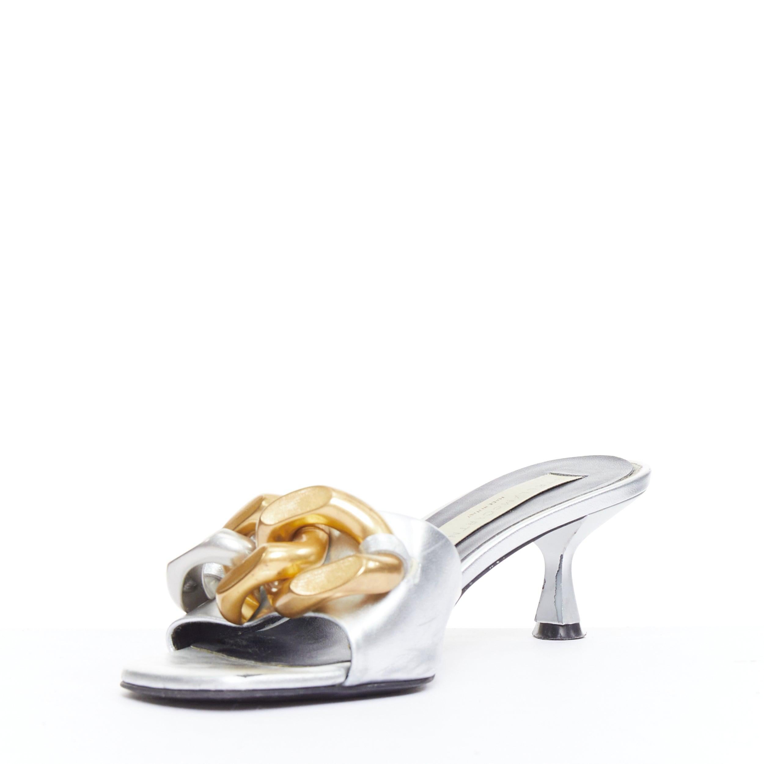 STELLA MCCARTNEY Falabella 50 silver fabric chunky chain kitten mules EU37 In Fair Condition For Sale In Hong Kong, NT