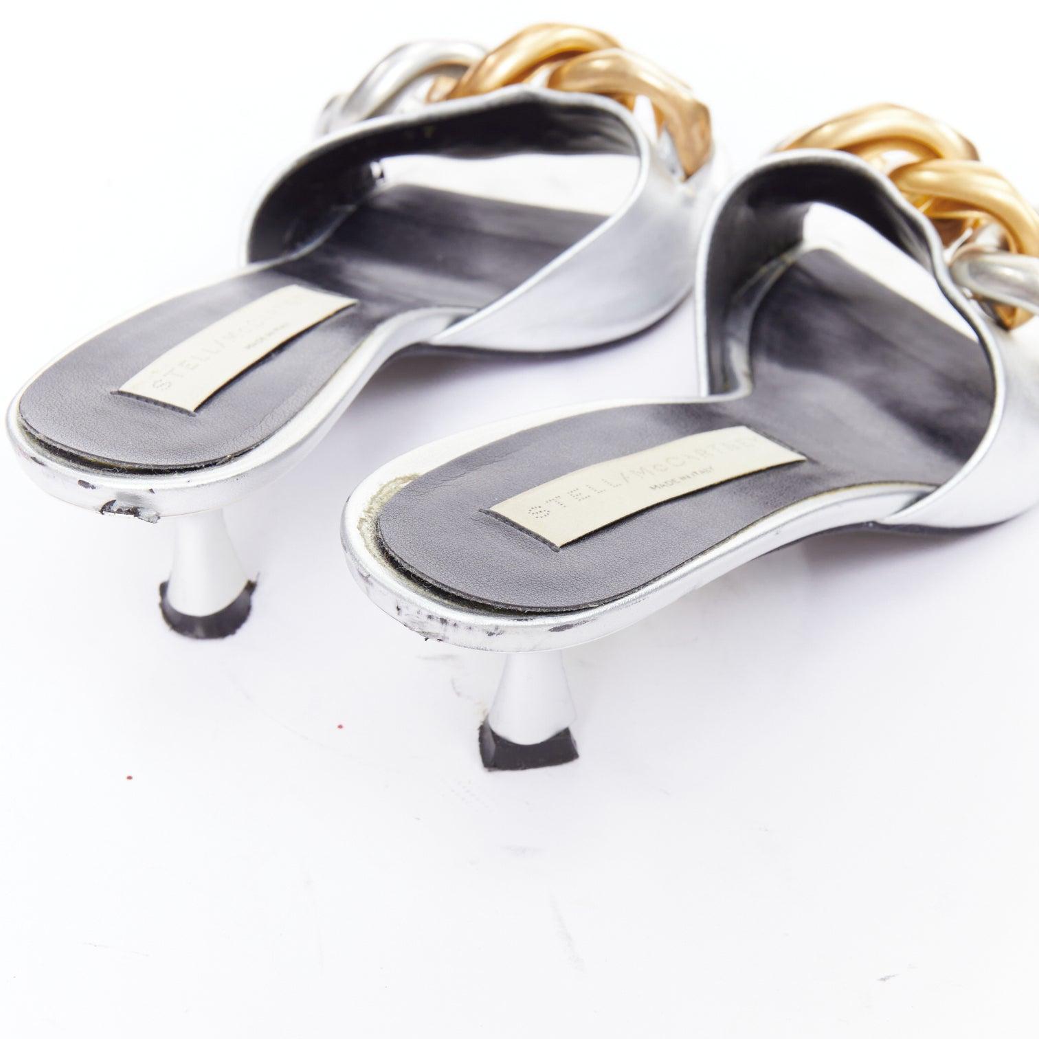 STELLA MCCARTNEY Falabella 50 silver fabric chunky chain kitten mules EU37 For Sale 3