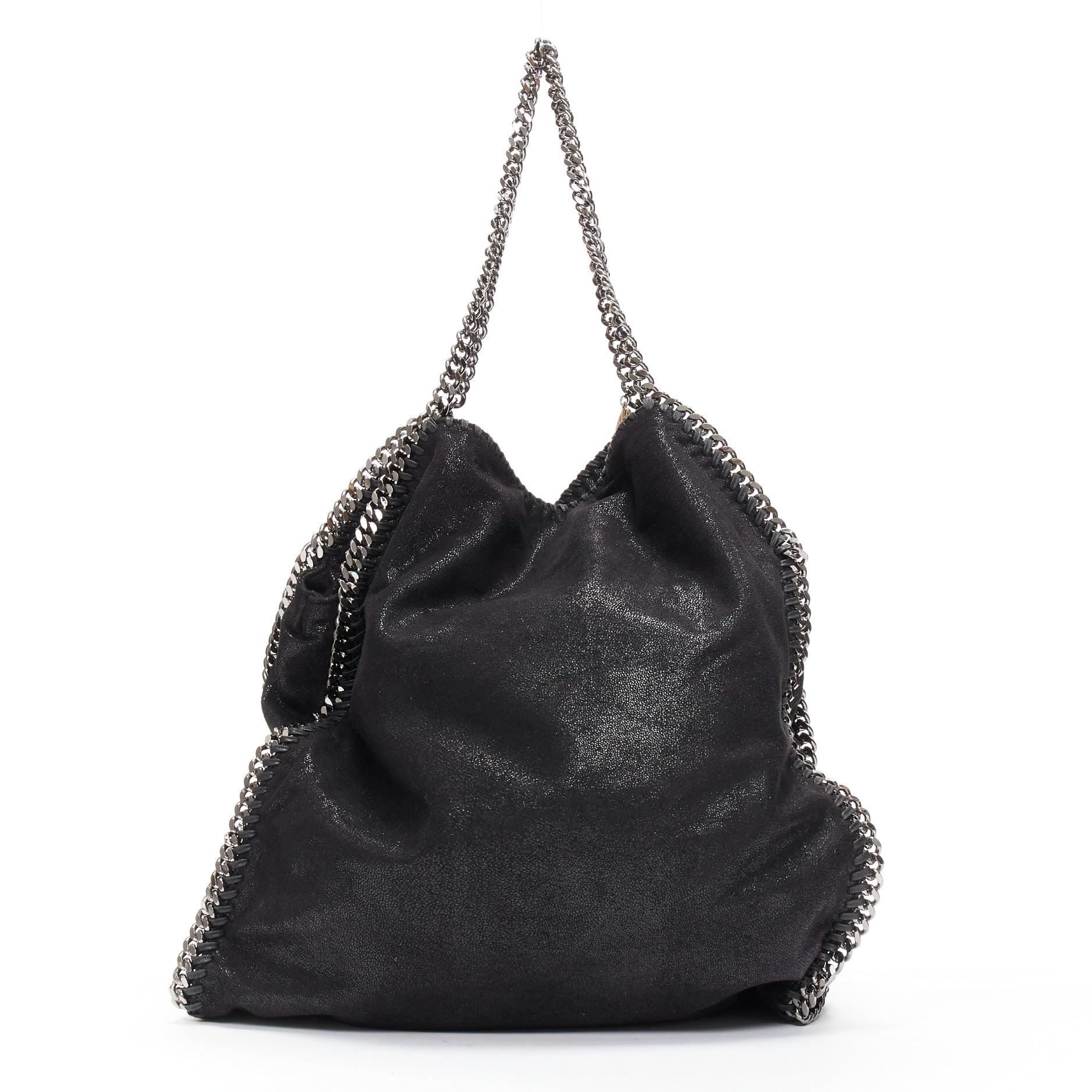 STELLA MCCARTNEY Falabella black shiny fabric logo medium chain tote bag For Sale 1