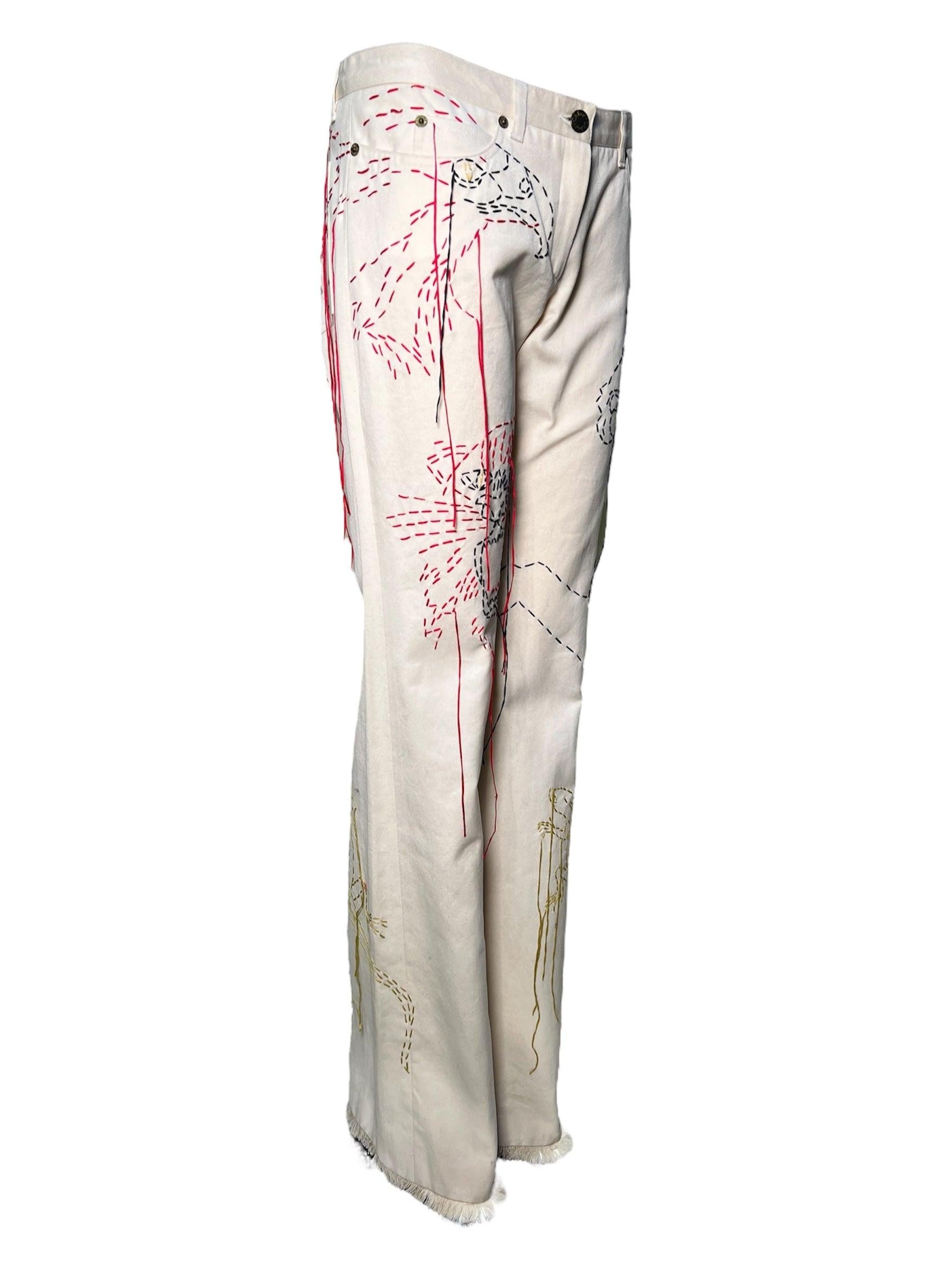 Stella McCartney für Chloé S/S Elfenbein bestickte Tierjeans, 2000 (Grau) im Angebot