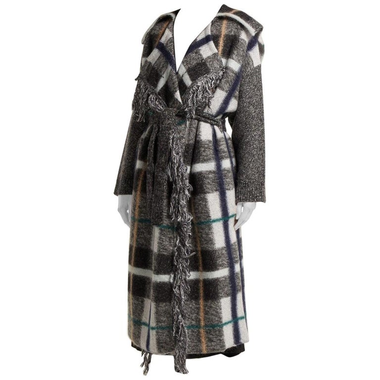 Stella McCartney Fringe Checked Mohair and Wool Blend Wrap Coat - Size US  10 at 1stDibs