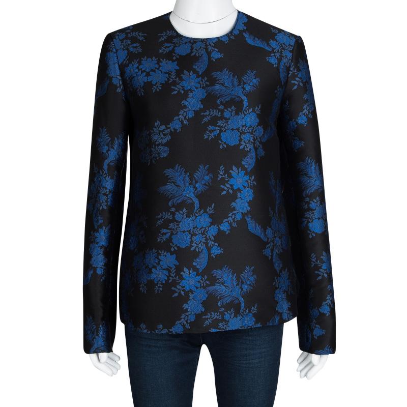 Stella McCartney FW'16 Black and Blue Floral Jacquard Long Sleeve Top M In Excellent Condition In Dubai, Al Qouz 2