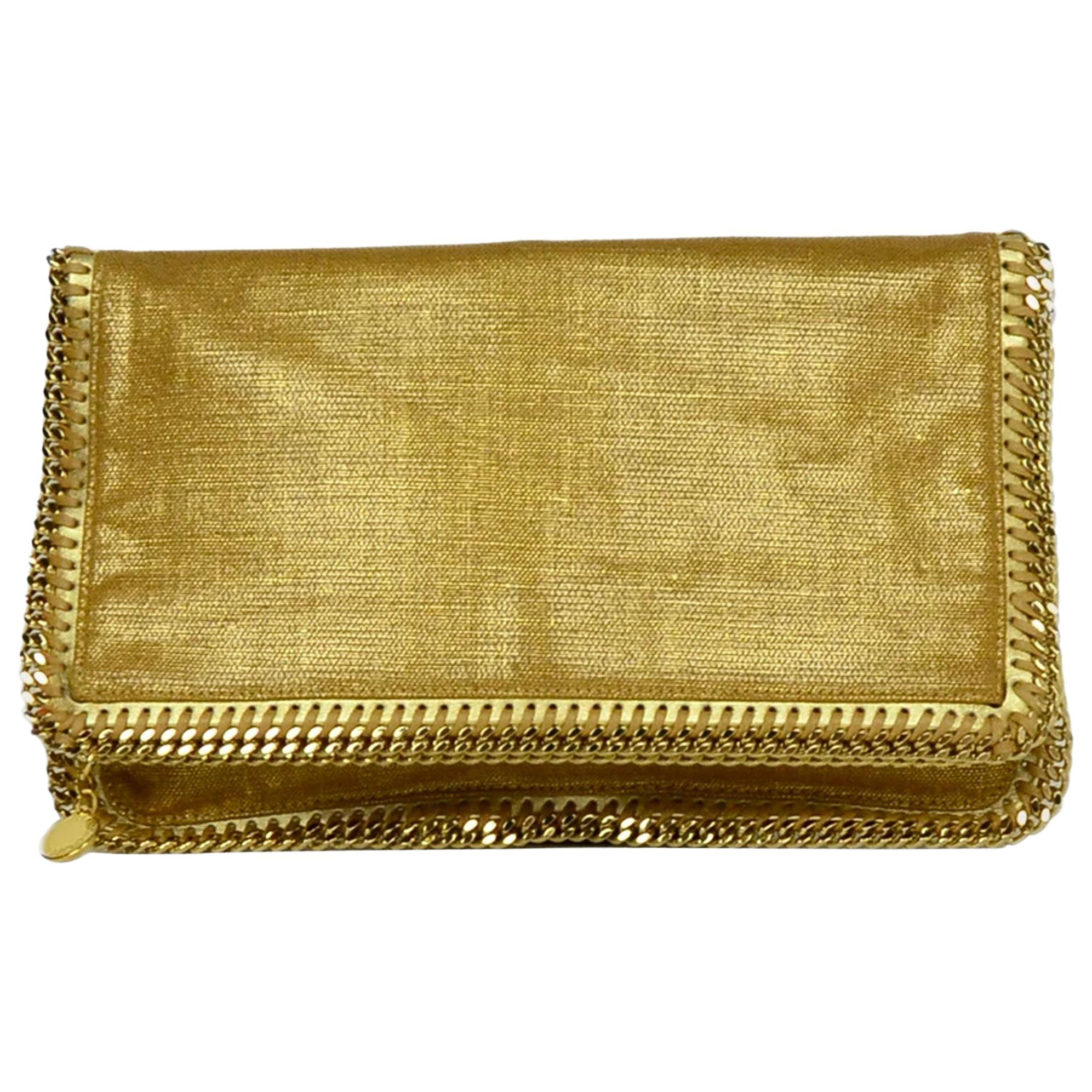 Stella McCartney Gold Linen Falabella Fold-Over Clutch Bag