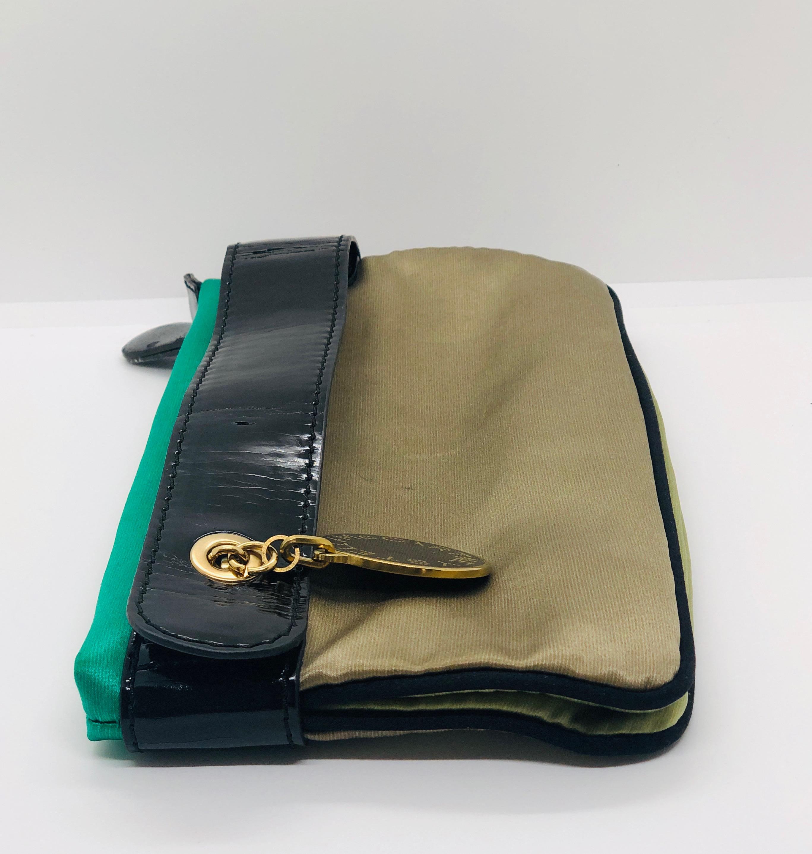 Stella McCartney Green and Tan Satan with Black Patent Trim Clutch / Wristlet  For Sale 1