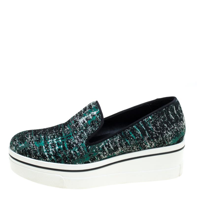 Stella McCartney Green/Black Monochrome Fabric Platform Slip On Sneakers Size 38 2