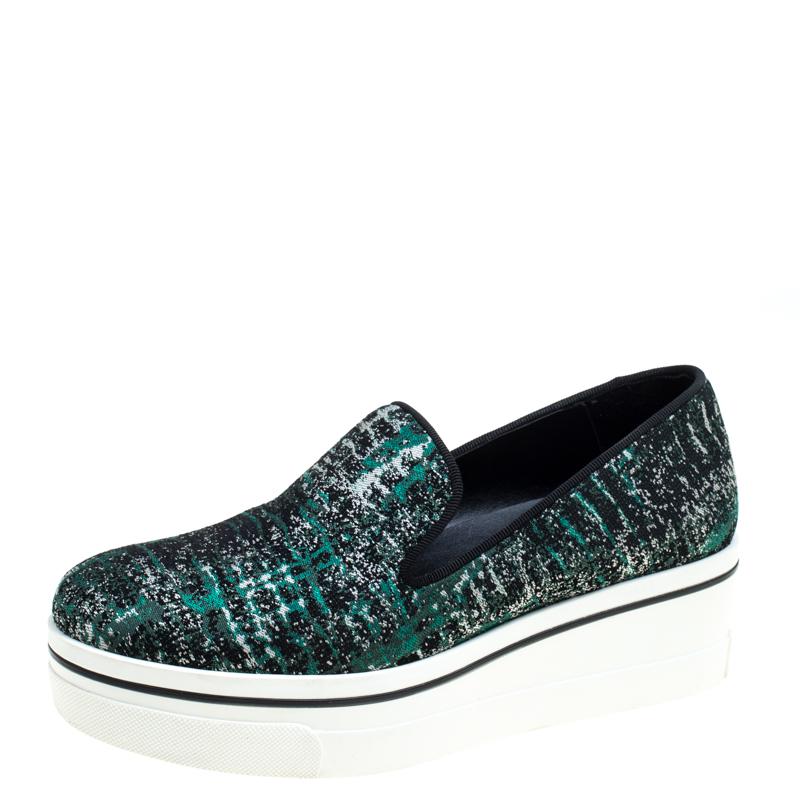 Stella McCartney Green/Black Monochrome Fabric Platform Slip On Sneakers Size 38