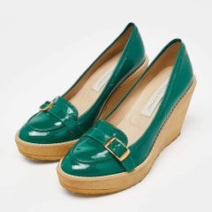 Stella McCartney Green Faux Patent Leather Wedge Loafer Pumps Size 38